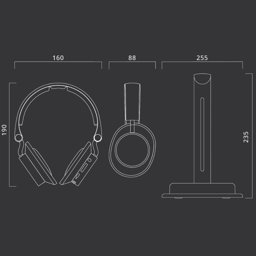 Diagram showing dimensions of MUSE M-285 CTV headphones and charging stand