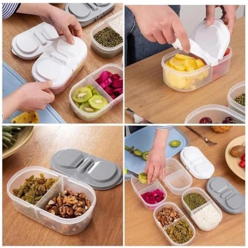 Image of Radha Govind 2-Sided Fridge Storage Box (Pack of 4) | 2-Compartment Stackable Plastic Storage Container |Multipurpose Organizer Box for Fruits, Vegetables, Snacks, Dry Fruits & Kitchen Storage
