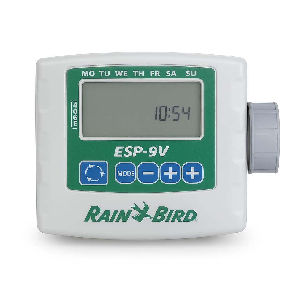 Programador de Riego Rain Bird ESP-9V + Válvula DV 1” H– 1 Zona – A Pilas, IP68, con Pantalla LCD – Instalación en Arqueta – Ideal para Zonas Sin Corriente