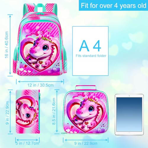 Image of 16 inch Dinosaur Backpack for Girls, 3Pcs School Bookbag with Lunch Box, Kids Backpacks Set for Elementary Preschool Kindergarten(Pink)