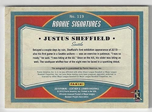 Justus Sheffield Autographed & Serial Numbered #27/75 Leather & Lumber Rookie Signatures Rookie Card Collectible Baseball Card - 2019 Panini Leather & Lumber Baseball Card #119 (Mariners)