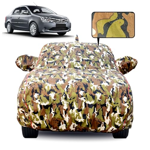 Image of Waterproof Car Body Cover for Toyota Liva with Mirror Pocket, Soft Cotton Lining, Triple Stitched, Full Bottom Elastic (Heat Resistant Jungle Print with Red Piping)