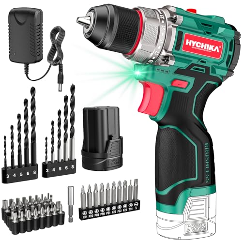 HYCHIKA Taladro atornillador batería, motor sin escobillas, 45Nm Máx, con 23+1 de par de giro, 2 velocidades, 1500mAh 53 accesorios Adecuado para atornillar, taladrar en madera, plástico, metal
