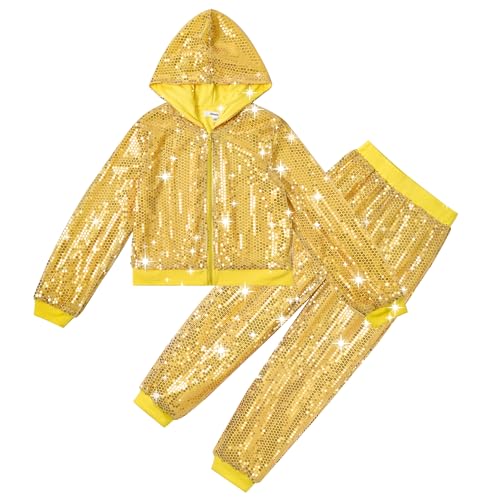 Image of LOLANTA 2Pcs Girls Dance Outfits Cropped Sequin Jacket Pants Set, Kids Hip Hop Dance Costumes for 80s 90s Party 5-15 Years