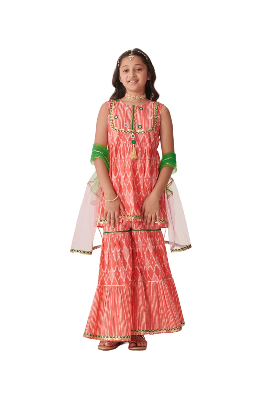 Pspeaches Girl's Cotton Sharara Set (Sha-Peachwtstripe-12-13Y_Peach