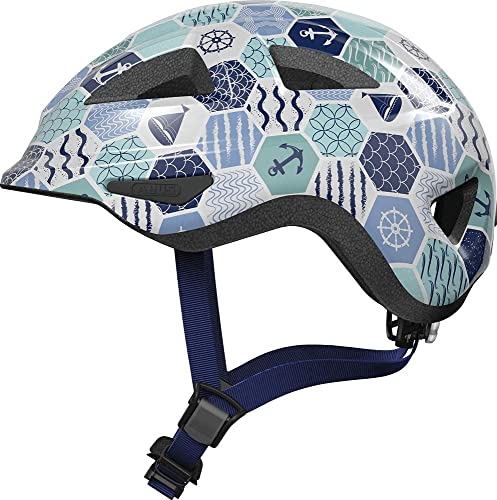 ABUS Kinderhelm Anuky 2.0 - Fahrradhelm für Kleinkinder und Kinder - mit Licht und Kinnpolster - für Mädchen und Jungen - Blau mit maritimen Mustern, Größe M