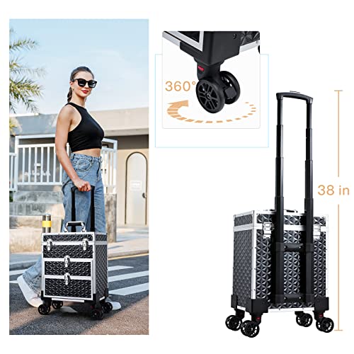 Frenessa Professional Rolling Makeup Case Aluminum Trolley Train Case With 360° Swivel Wheels For Makuep Artist Travel Cosmetic Organizer With Sliding Drawers For Nail Tech Hairstylist Barber thumb #5