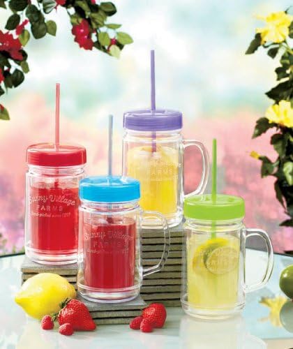 Set of 4 Mason Jar Double Wall Tumbler with Straw (Red, Purple, Green, Blue) Jumbo Size 24 oz