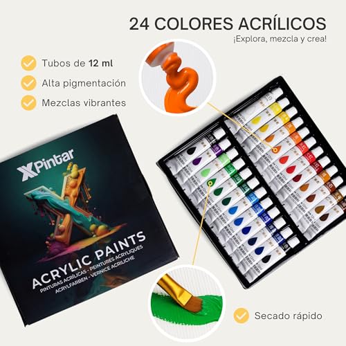 Miniatura 3 de Kit Pintura Acrílica Con Caballete De Mesa Madera Altura Ajustable 24 Colores 12 Ml Lienzo 24x30 Cm Paleta 6 Pinceles Set Artista Para Principiantes Y Adultos Montaje Rápido Regalo Creativo Clases Diy