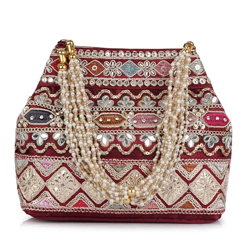 Image of PLANX Velvet SilK Stylish Embroidery Unique Design Traditional Ethnic Wedding Party Handheld Potli For Women