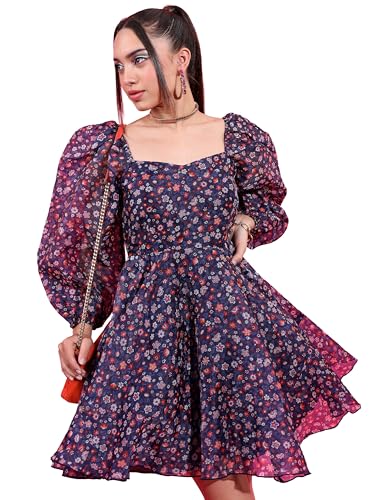 Image of Tokyo Talkies Women's Long Sleeves Sweet Heart Neck Printed Dresses | Stylish| Casual