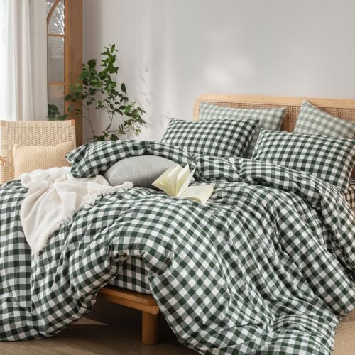 Image of BESTOUCH Gingham Cotton Duvet Cover Set Green Super King | Washed Cotton, Linen Feel, Soft Wrinkle Texture, Hidden Zipper, 8 Ties, Breathable Lightweight Durable Comfy, 3 Pcs No Insert