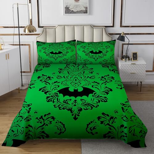 Castle Fairy Victorian Animals Halloween Bedspread Queen Size Bedding for Teens Living Room Ombre Floral Bat Decor Coverlet Set Green Jacquard Damask Quilt Set for All Season,3 Pcs with 2 Pillowcases