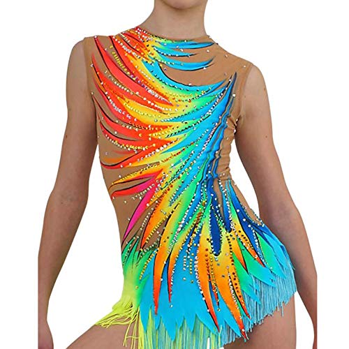 LIUHUO Body da donna per danza ritmica ginnastica ragazze colorato diamante nappe competizione prestazioni, Blu, S