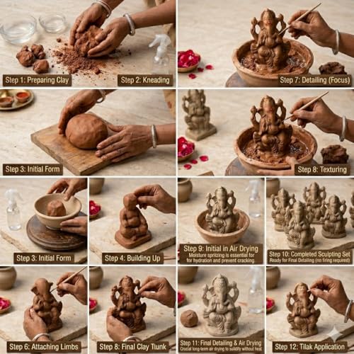 Image of SAUDEEP INDIA 4 Inch Mitti Ganesh Idol for Ganesh Chaturthi | Eco-Friendly Handcrafted Clay Ganpati Murti for Visarjan | Biodegradable Ganesha Statue for Home Pooja Decor & Gift Use