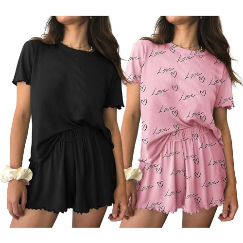 Image of Ekouaer 2 Packs Womens Pajama Set Short Sleeve Sleepwear Soft Top and Shorts Pjs Casual Outfits Lounge Set with Pockets