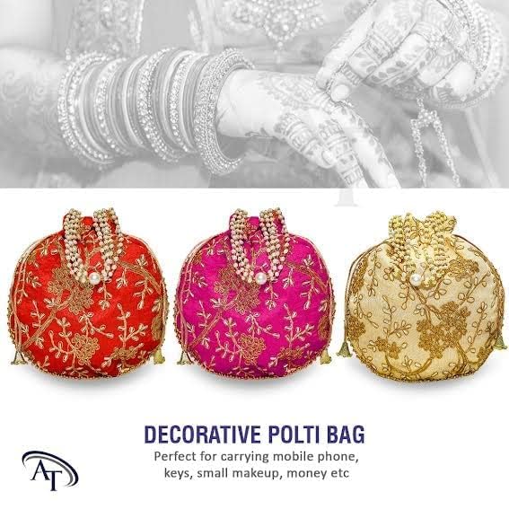 Image of AT Traders Embroidered Potli Bag Pack of 24 | Leaf Floral Design With Moti Handle Batwa Bag | Traditional Shagun Potli for Return Gifts | Ideal for Mehandi, Haldi, Baby Shower, Wedding, Sangeet