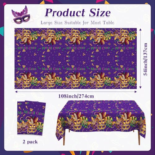 Image of Mardi Gras Tablecloth, 2 PCS Mardi Gras Table Cloth Disposable, Plastic Purple Carnival Mask Decorative Masquerade Tables Cover Rectangular for Mardi Gras Party Decoration Supplies, 54 X 108 Inch