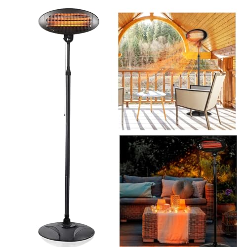 2KW Free Standing Electric Patio Heaters 3 Heat Settings Quartz Portable Tilting IP34 Rated Adjustable, Heat Angle and Height Ideal for Garden Patio Lawn Energy Efficient Heater