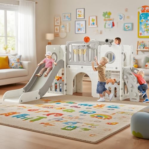 MAMIZO 9 in 1 Kinderrutsche, Kinder Rutsche mit Klettergerüst, Indoor & Outdoor Rutsche mit Basketballkorb und Teleskop, Tunnel, Stauraum, Gartenrutsche,Kinder Spielplatz, mit 2PCS Moduls, Grau Weiß