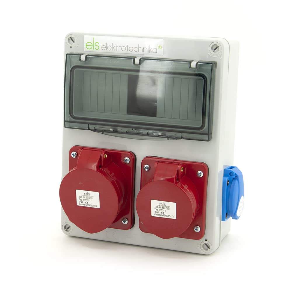 ELS Elektrotechnika Separatore di corrente, distributore a parete, alloggiamento vuoto interno, Schuko 2 x 230 V e 1 CEE 16 A e CEE 32 A, cablato, IP44, armadio elettrico per assemblare dispositivi