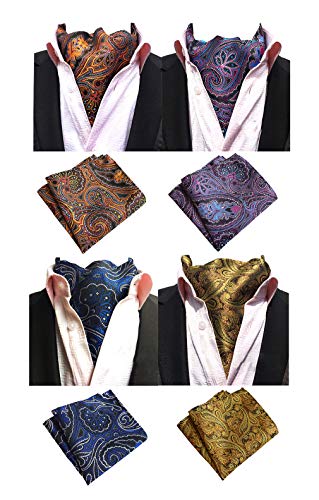 MOHSLEE 4 PCS Mens Paisley Cravat Tie Woven Silk Formal Ascot Pocket Squares Set