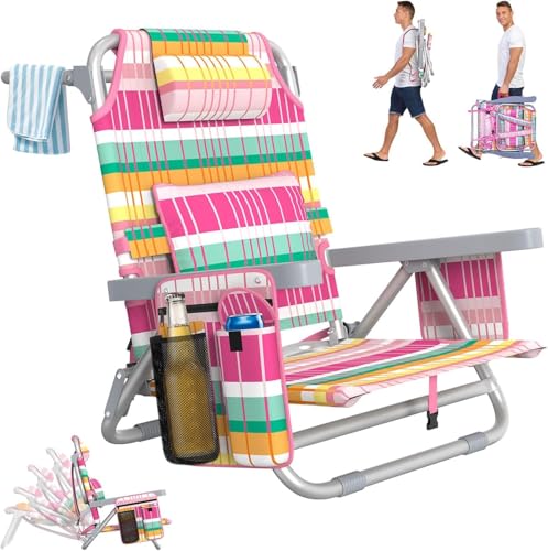 Suteck Beach Chair Adjustable 5-Position Backpack Beach Chairs for Adults Kids Foldable Lay Flat Chair with Cooler Bag Cup Holder and Lumbar Pillow Reclining Lay Down Chairs (1 Rainbow Pink)