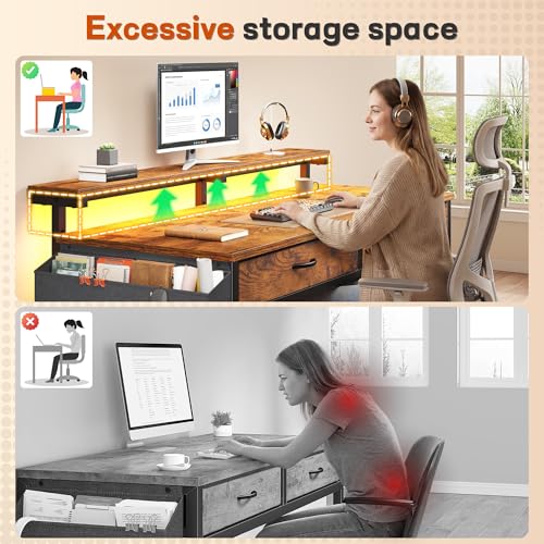 Image of DurayLoly 47.3Inch Office Computer Desk with LED Lights & 2 Fabric Drawers, Gaming Desk with Side Pocket & Ergonomic Monitor Stand, Small Space Study Writing Table with Anti-Tip Design, Rustic Brown