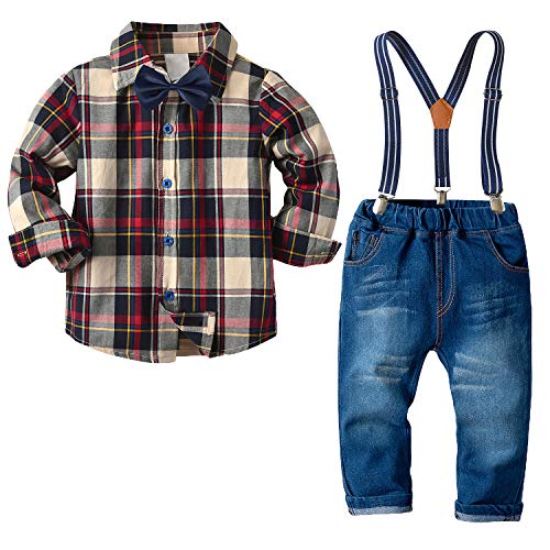 Little Boys Clothes Outfits Gentleman Suits Long Sleeve Khaki Plaid Dress Shirt + Bowtie+Suspenders Pants Set 4T