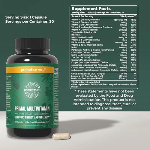 Primal Harvest Primal Multivitamin - Daily Multi-Vitamin Supplement with 21 Essential Vitamins & Minerals for Women & Men - Vitamin A, C, D, E, B12, B6, Biotin, Folic Acid, Zinc, Copper & Selenium - Image 3