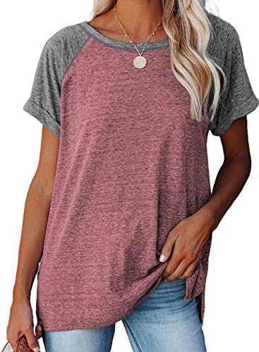 Acelitt Women's Ladies Summer Casual Fashion 2021 Lightweight Short Sleeve Crewneck Color Block T-Shirts Blouses Tees Tops Shirts Red Medium