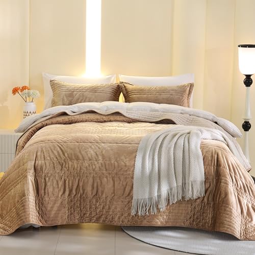 BOV Queen Velvet Coverlet & Quilt Comforter Set,Luxe 3pc Lightweight Bedding w/Geometric Stripes, All-Season Microfiber (Khaki, Queen)