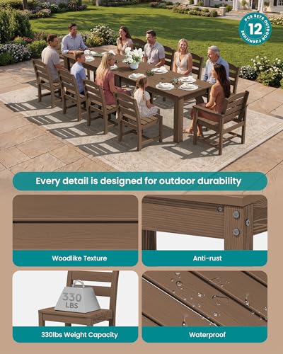 Image of SERWALL 59 inch HDPE Patio Dining Set for 10, w / 2 Tables & 10 Chairs, Brown | All Weather Resistant HDPE Dining Sets for Patio, Garden, Backyard