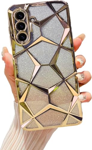 Image of VONZEE Gradient Glitter Case for Samsung A36, Luxury Electroplated 3D Cube, Diamond Bling Shiny Soft TPU Clear Shockproof Women Girls Protective Phone Cover (Gold)