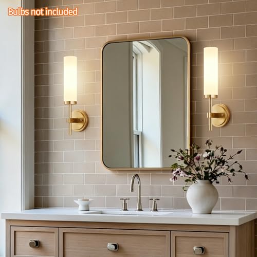 Image of [Hardwired] Wall Sconces Set of Two, Brushed Gold Bathroom Sconces with Milky White Glass, Modern Wall Light Fixtures for Bathroom Mirror Vanity, Living Room, Hallway, Stairway, Cabinet, Foyer