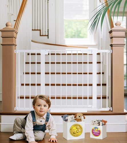 Image of Cumbor 29.7-48" Baby Gate for Stairs, Mom's Choice Awards Winner-Dog Gates for Doorways, Auto Close Safety Pet Gate for Dogs Indoor, Easy Install Pressure Mounted Child Gate with Walk Thru Door, White