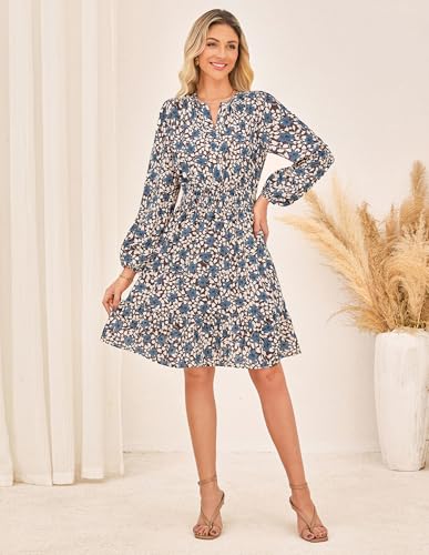 GRACE KARIN 2025 Women's Long Sleeve Henley V-Neck Smocked Waist Floral Mini Tiered A Line Dresses with Pockets3
