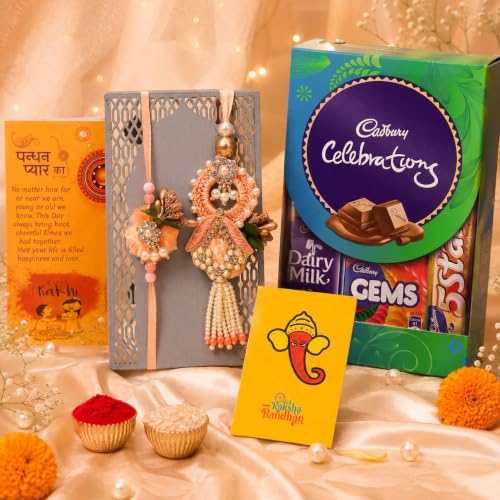 Image of CraftVatika Rakhi Chocolate Gift Combo For Brother And Bhabhi Couple Rakhi For Bhaiya Bhabhi With Celebration Chocolate Gift Hamper, Thread Kundan Lumba Pair Couple,100 G