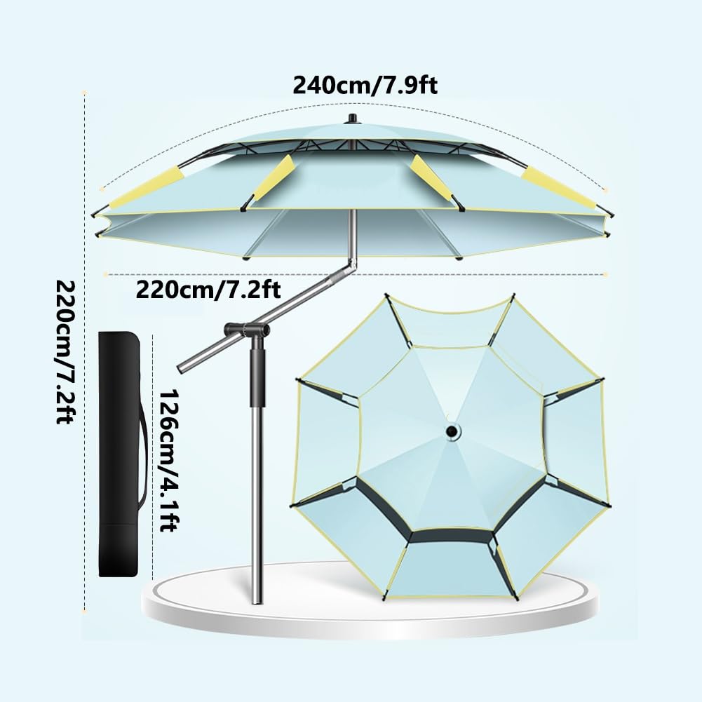 Przenośny Parasol Wędkarski z Wentylacją, 220 cm Składany Podróżny Parasol z Torbą Transportową i Kotwicą, Kempingowy Przeciwsłoneczny Nachylany