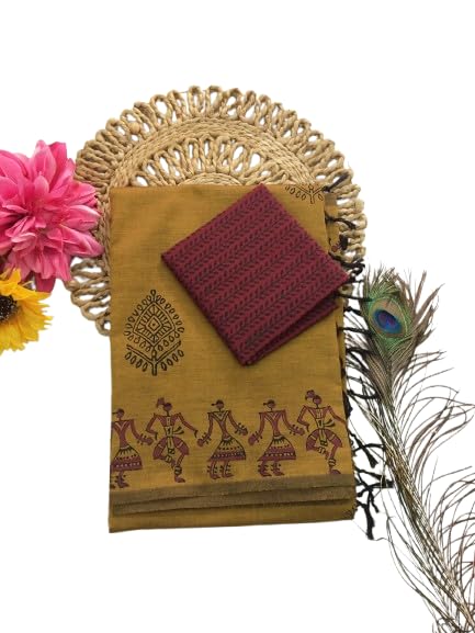yazhmin South Cottonmix Block Printed Office Wear Saree with Kalamkari Blouse Piece-picture-27