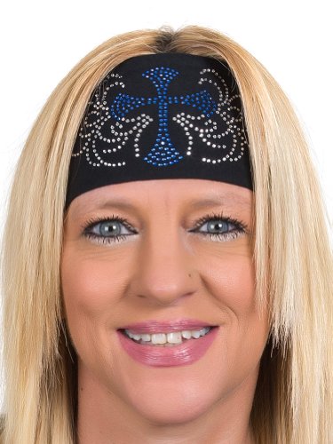 Open Road Girl Adjustable Tie Back Cotton Blend Rhinestone Headband Bandana for Women -Soft, Sweat-Wicking Stretchy Hair Band for Motorcycle Riding, Workout, Yoga- Cross With Rhinestones (Blue)