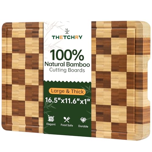 Image of Bamboo Cutting Boards for Kitchen, End Grain Wood Cutting Board with Juice Grooves & Handles, Charcuterie Checkered Chopping Board Thick Butcher Block Serving Tray with Gift Box, 16.5 inchx11.6 inchx 1 inch