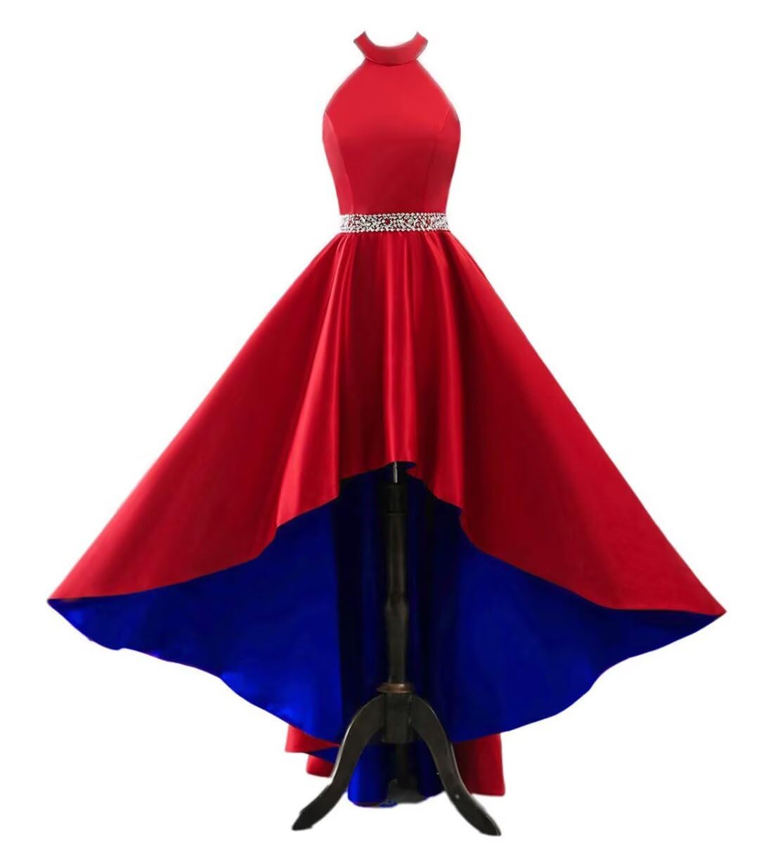 Satin Halter Prom Dresses for Women High Low Beaded Ball Gowns A-Line Formal Dress Wedding Party Gown with Pockets