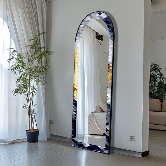 Specchio da pavimento con motivo geometrico in argento, oro e blu navy, 63,5 x 160 cm (larghezza x altezza), specchio da pavimento con cornice nera e cornice nera