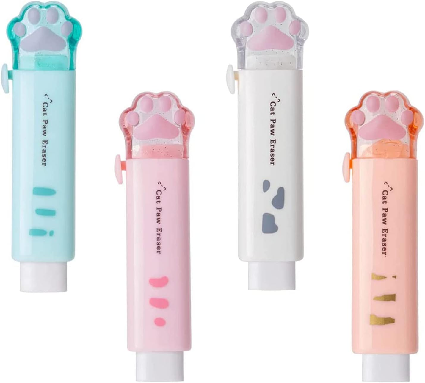 4 Pcs Cute Retractable Kawaii Cat Paw Eraser for Kids, Rubber Push-Pull for Students Writing, Drawing Aesthetic School/Office Supplies (Pink/Blue/White/Orange)