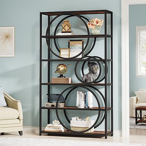 Image of Tribesigns 5-Tier Bookshelf, 71 inch H Industrial Book Shelf Large Bookcases and Bookshelves with Chic Circular Design, Tall Open Shelf Storage Rack for Home Office Living Room, Rustic Brown