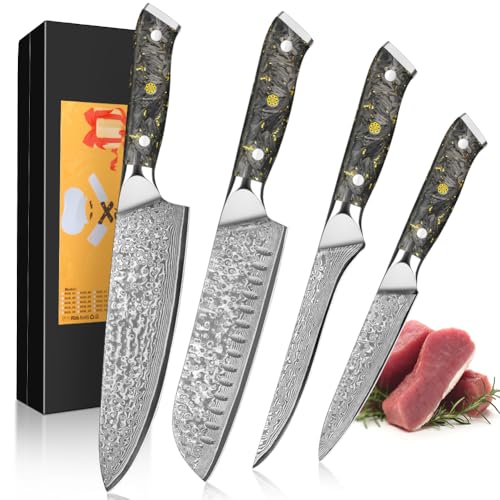BILLION DUO 4-teiliges Damastmesser set, Damaststahl Küchenmesserset Messerset Küchenmesser Rasiermesserscharf, 67 Schichten Edelstahlkern, einzigartigem Karbonfaser&Blattgold Handgriff