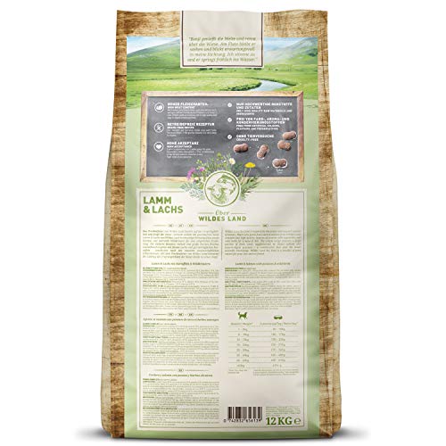 Wildes Land - Nr. 7 Lamm & Lachs - 12 kg - mit Kartoffeln und Wildkräutern - Glutenfrei - Trockenfutter für Hunde - Hundefutter mit hohem Fleischanteil - Hohe Verträglichkeit