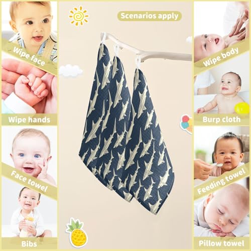Image of vvfelixl Sharks in Ocean Baby Burp Cloths Baby Muslin Washcloths for Boys Girls Cotton Babys Face Towel for Newborn Infants Soft and Absorbent 11.8 X 11.8 in, 5 Pack