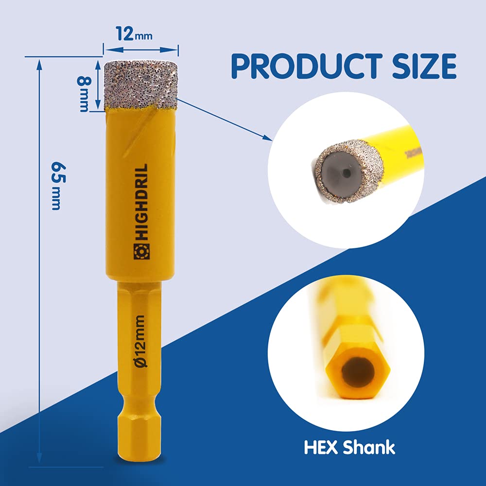 HIGHDRIL Diamantate Punta da trapano per piastrelle,5 pezzi 12MM per Gres Porcellanato Mattone in Marmo Ceramico,compatibile con Bosch Makita,ecc